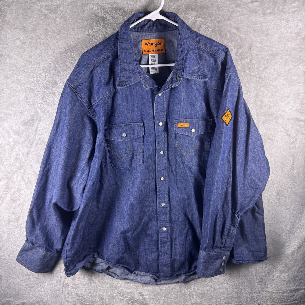 Wrangler Shirt Mens 3XL Big Blue Denim Flame Resistant Snap Long Sleeve Workwear
